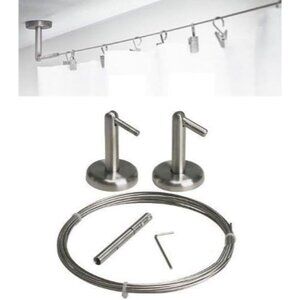 Curtain Wire Rod Set Stainless Steel,16.5' Wire, 2 Mounting Pieces with Hooks